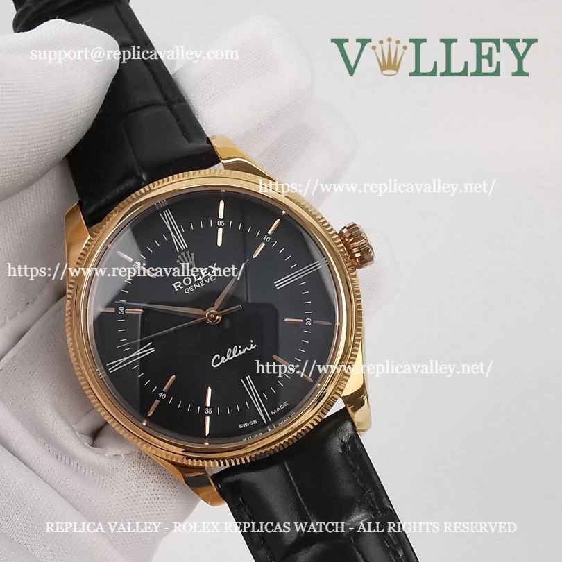 C101 Rolex Cellini Time 50505 Black Leather Strap Black Dial