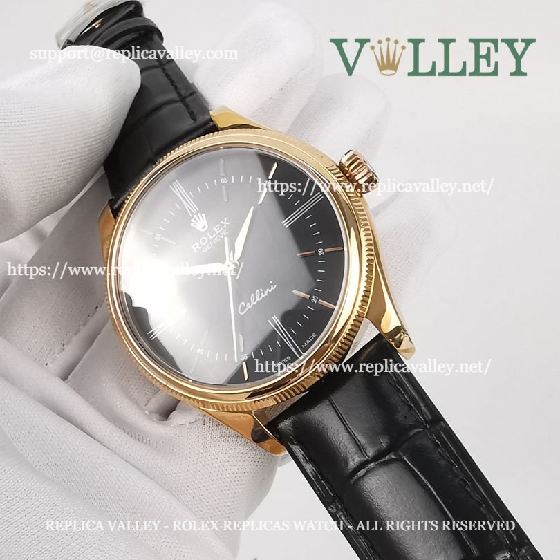 C101 Rolex Cellini Time 50505 Black Leather Strap Black Dial