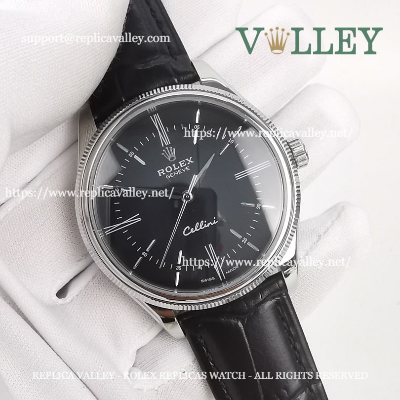 C001 Rolex Cellini Time 50509 Black Leather Strap Black Dial