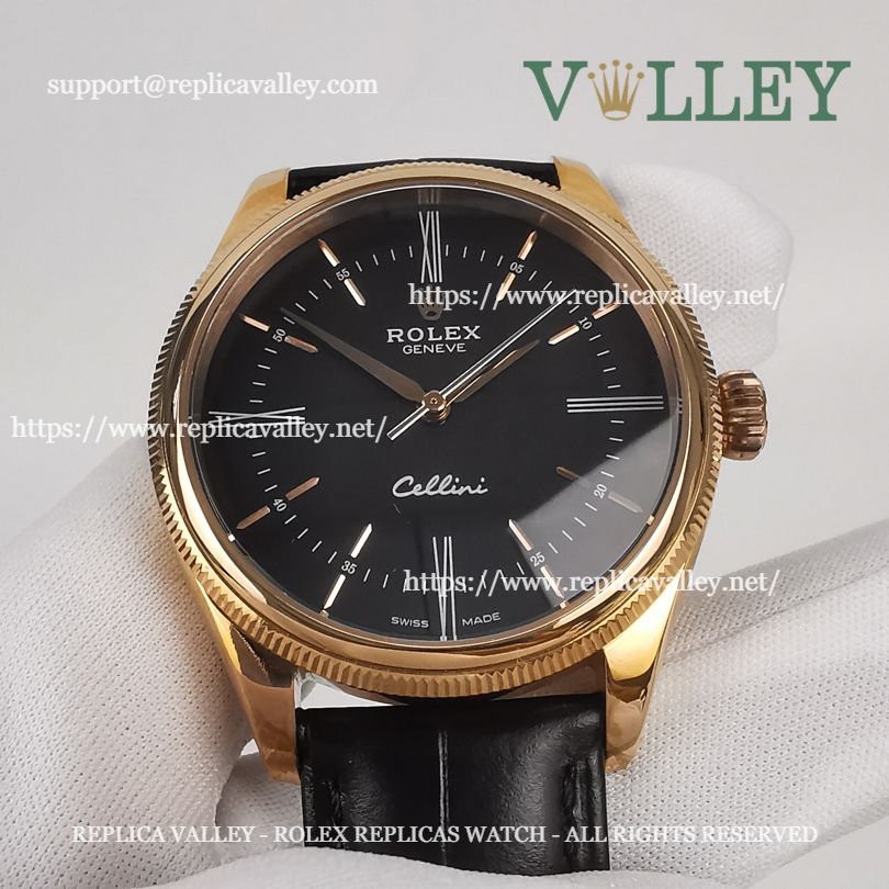C101 Rolex Cellini Time 50505 Black Leather Strap Black Dial