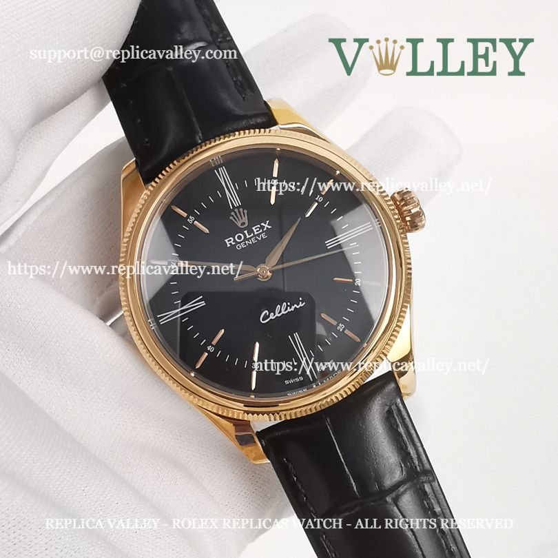 C101 Rolex Cellini Time 50505 Black Leather Strap Black Dial