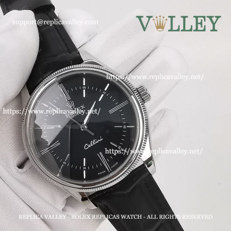 C001 Rolex Cellini Time 50509 Black Leather Strap Black Dial