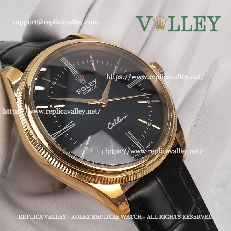 C101 Rolex Cellini Time 50505 Black Leather Strap Black Dial